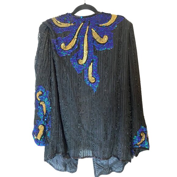 Jakelin Designs Sequin Embellished Silk Jacket Black Gold & Blue Size 2X - Picture 2 of 10